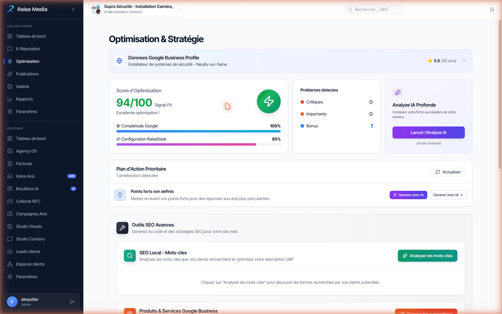 Le module Optimisation : score, données Google Business Profile et plan d'action par fiche.