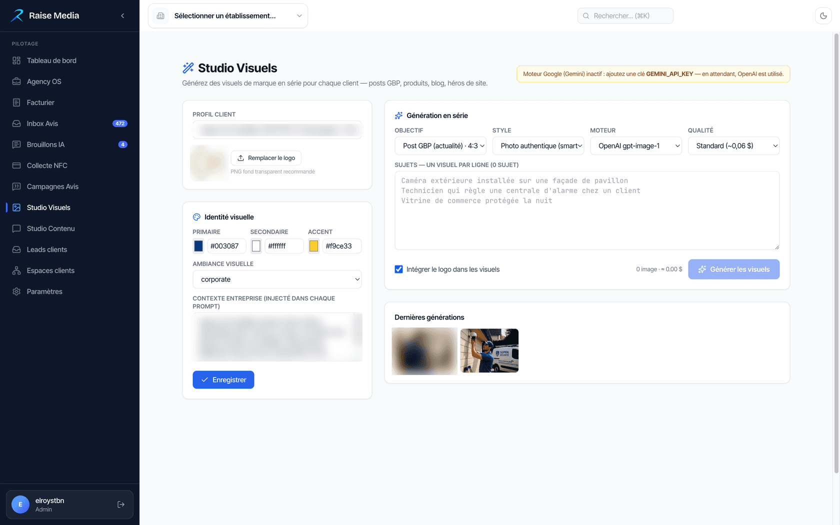 Le Studio Visuels : identité du client chargée une fois, génération en série ensuite (profil masqué).
