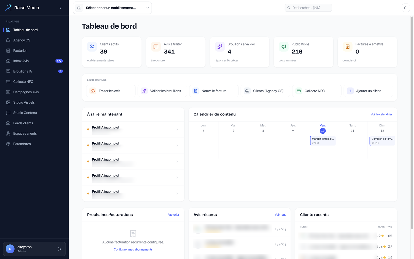 Tableau de bord RaiseDesk : décisions à prendre, classées par urgence