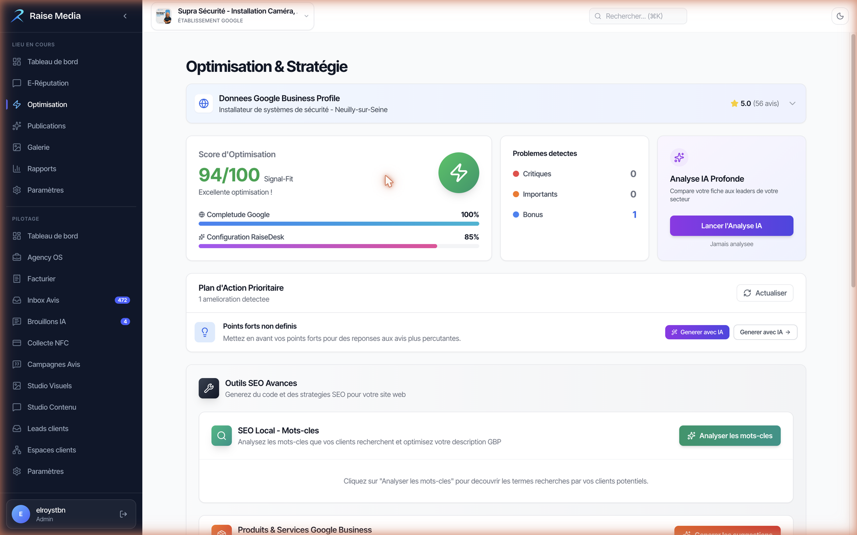Module Optimisation RaiseDesk : score et plan d'action par fiche