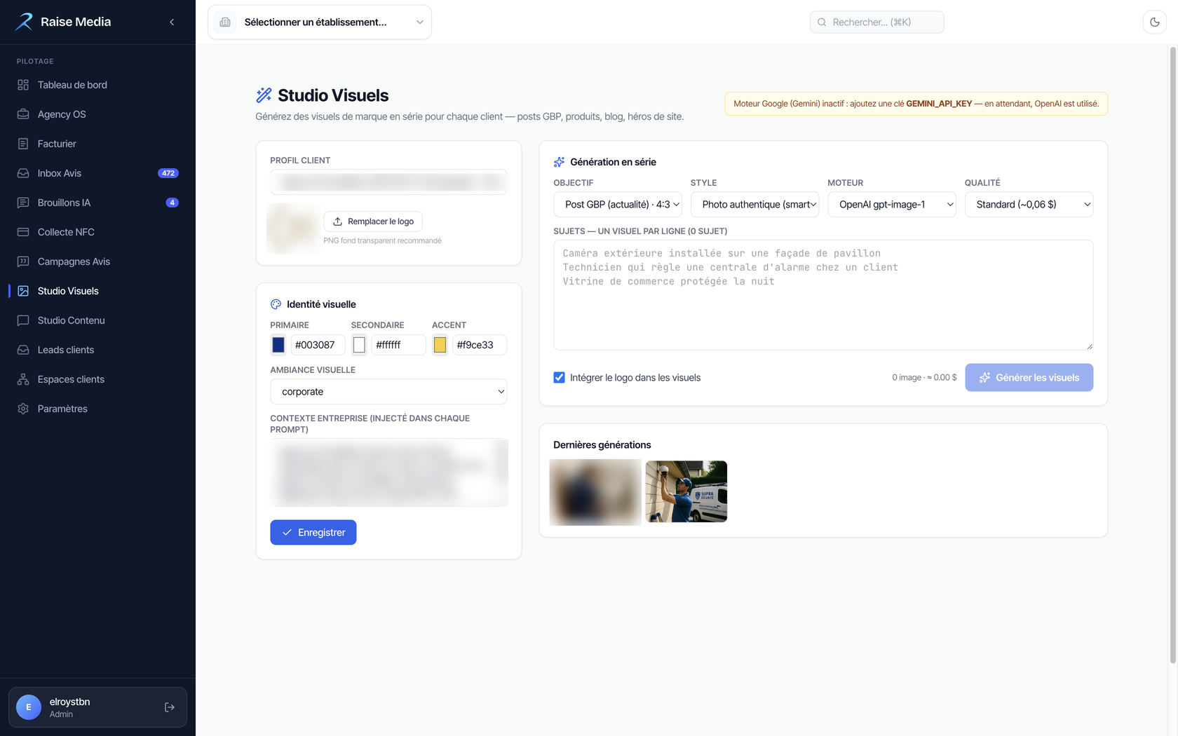 Studio Visuels RaiseDesk : génération de visuels de marque en série